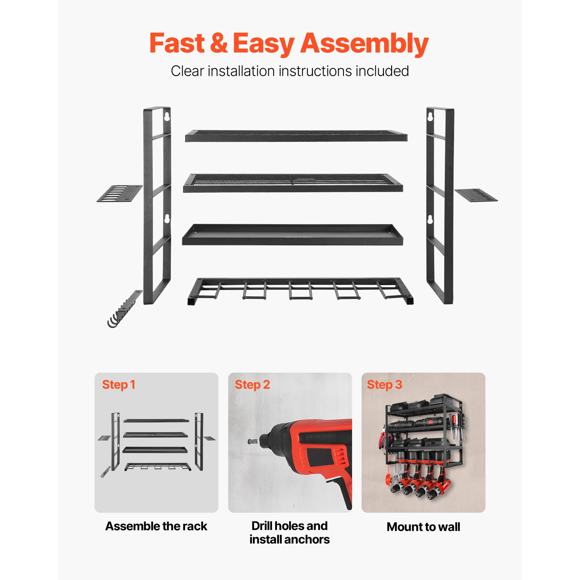 KFFKFF Wall-Mounted Power Tool Organizer, 4-Tier Storage Rack with Drill Slots, Tool Holder and Storage Shelf with Screwdriver Slot, Ideal for Garage, Workbench, and Workshop
