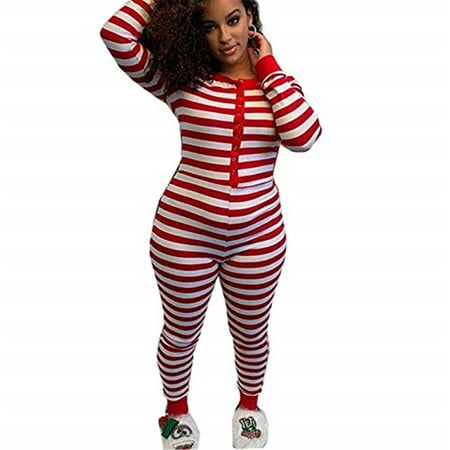 

Kiapeise Cocolook Women Xmas Jumpsuit Sleepwear Long Sleeve O-Neck Skinny One-Piece Nightwear Pajamas Bodysuit Homewear