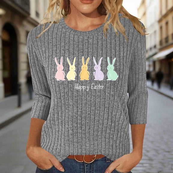 Pxxlle Cute Easter Shirts for Women Funny Rabbit Bunny Graphic Tees Casual 3/4 Sleeve Holiday T Shirts Loose Fit Round Neck Gift Tshirts for Women S