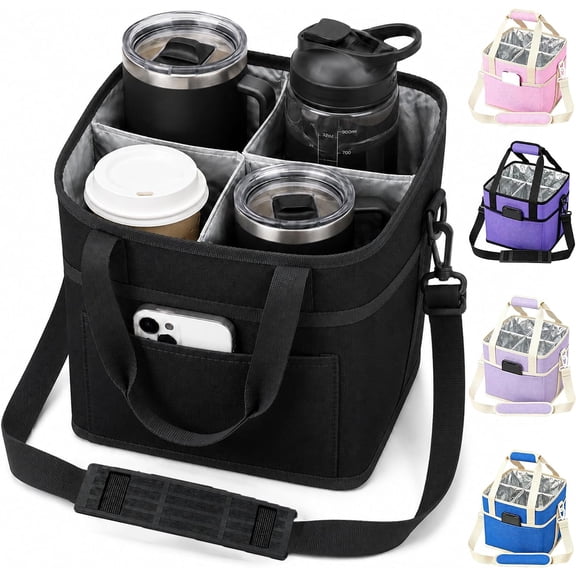 Drink Carrier Tote Bag - 4 Compartment Family Size Insulated Water Bottle Holder & Tumbler with Adjustable Strap Multiple Tumbler Carrier Caddy for Car, Delivery, Family Outings