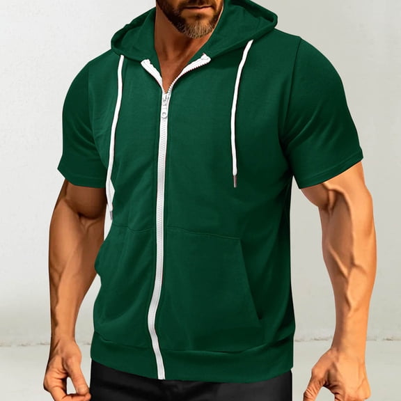 Goodtrade8 Mens Short Sleeve Shirts Zipper Pullover Summer with Pocket T Shirts for Men Hooded