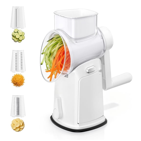 TINANA Rotary Cheese Grater with Hand Crank, Vegetable Slicer & Shredder with 3 Replaceable Blade Sets 6 Pcs, Strong Suction Base, Easy Clean, White