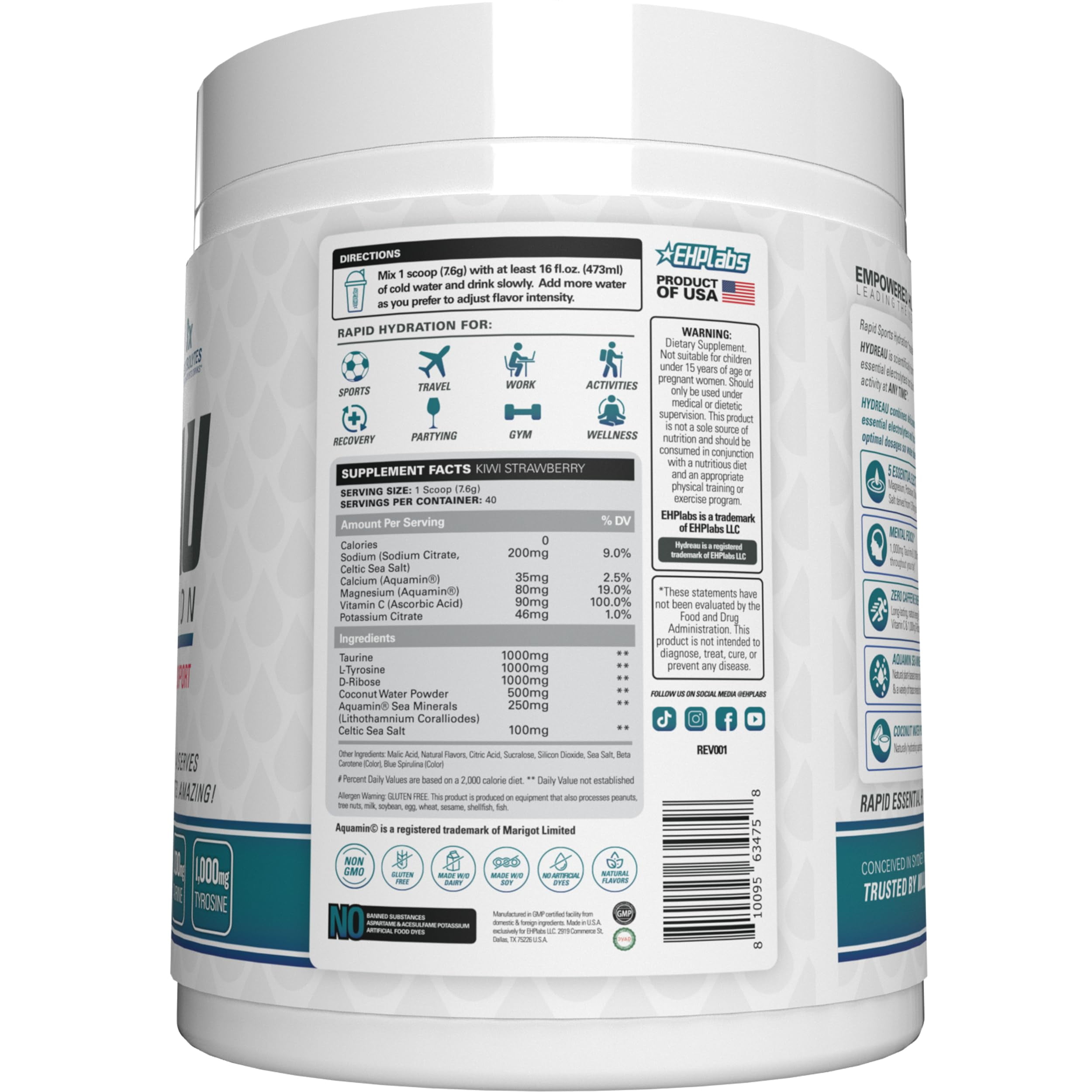 EHP Labs Hydreau Electrolytes Powder No Sugar - Hydration Powder for Endurance & Energy - Electrolyte Powder for Men & Women - Sugar Free Electrolytes - Kiwi Strawberry (40 Serves)
