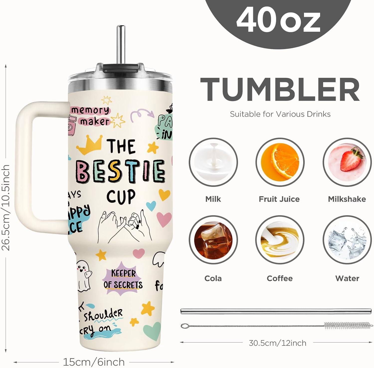Shqiueos Best Friend Birthday Gifts for Women 40oz Tumbler with Handle and Lid Straw, Bestie Gifts for Her, Mothers Day Gift for Women Friendship, Soul Sisters Present Valentines Christmas Cup