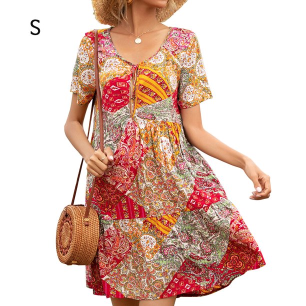 Jumpingount Vestido bohemio con cuello en V Vestido de manga corta Mujer Ropa de verano Vestidos S