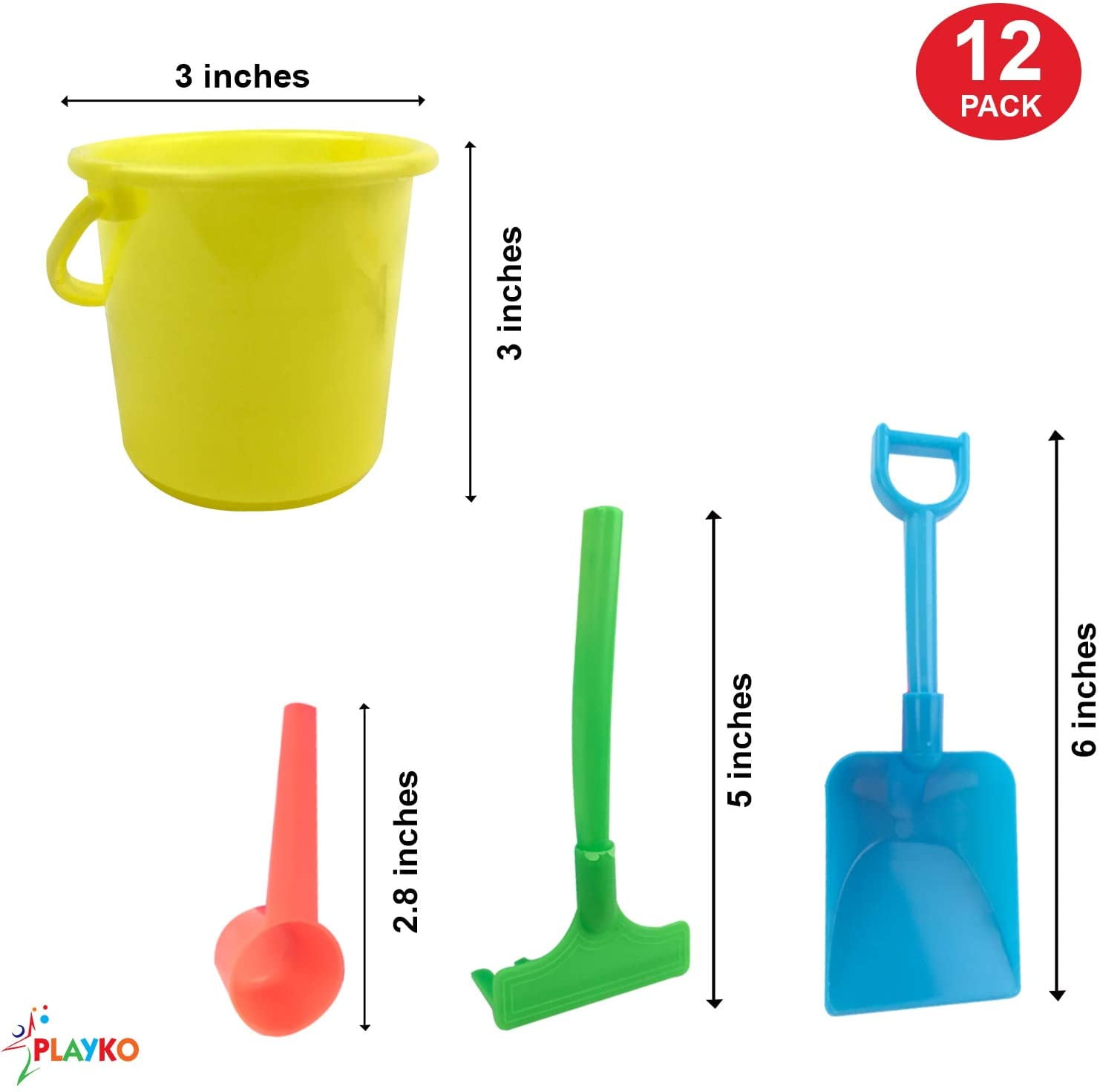 Playko 4 Piece Mini Beach Set Scoop and Rake Treats or Party Favors Pail Beach Toys for Party Colorful Beach Toy Sets For Boys and Girls Shovel Pack of 12 Colorful Sand Toys for Birthdays
