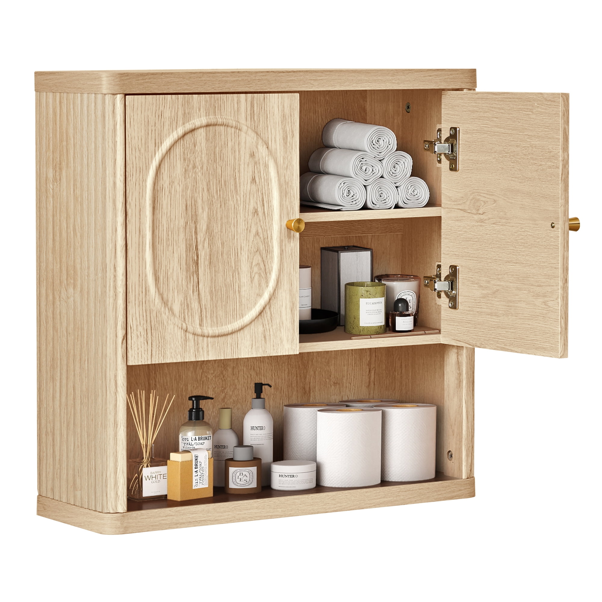 Wirrytor Fluted Wall Mount Cabinet with Adjustable Shelves and Towel Rack, Space-Saving Bathroom Vanity Organizer and Kitchen Cupboard Storage Solution in Oak Finish