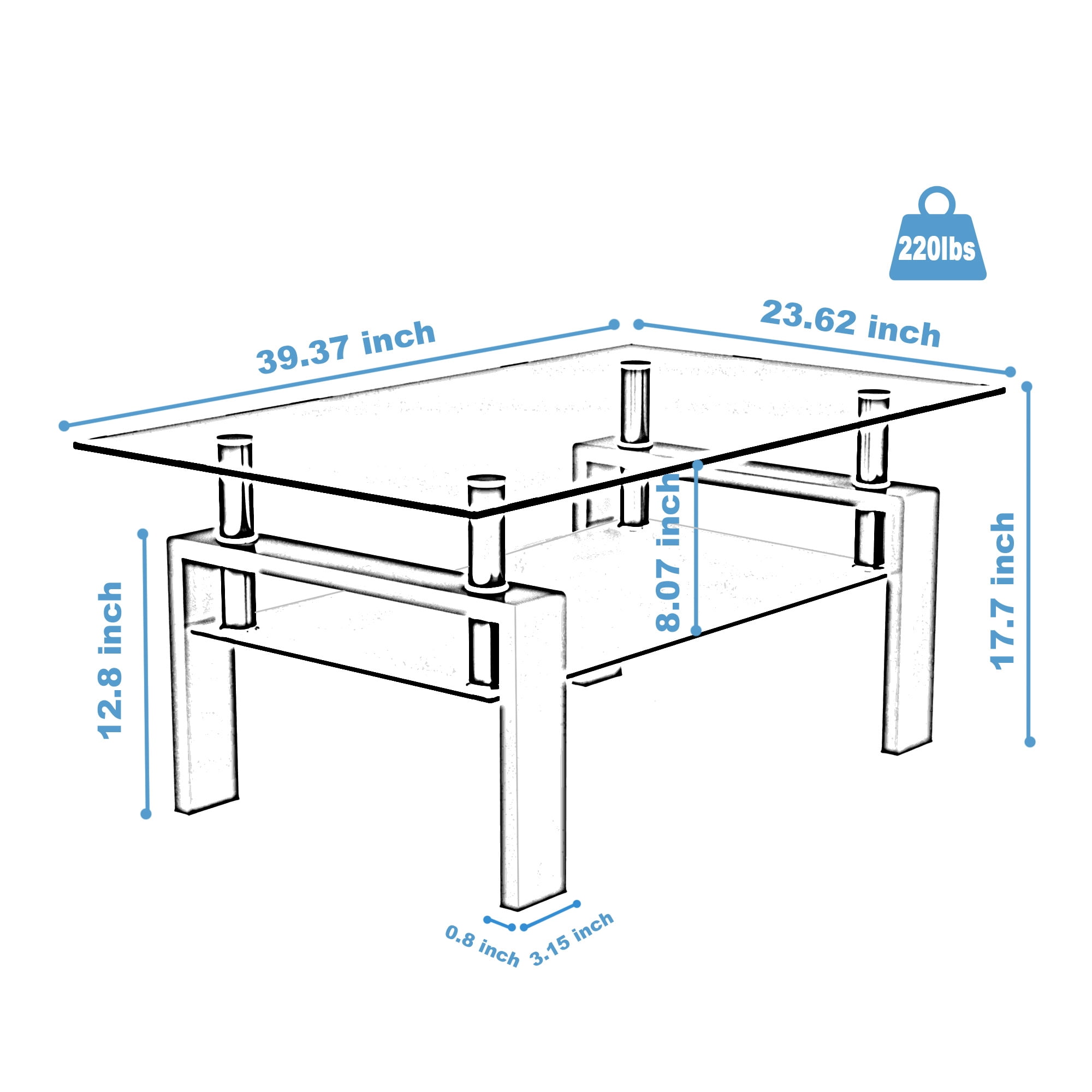 Aukfa Rectangle Tempered Glass Coffee Table Metal Tube Legs End Table for Living Room, Silver