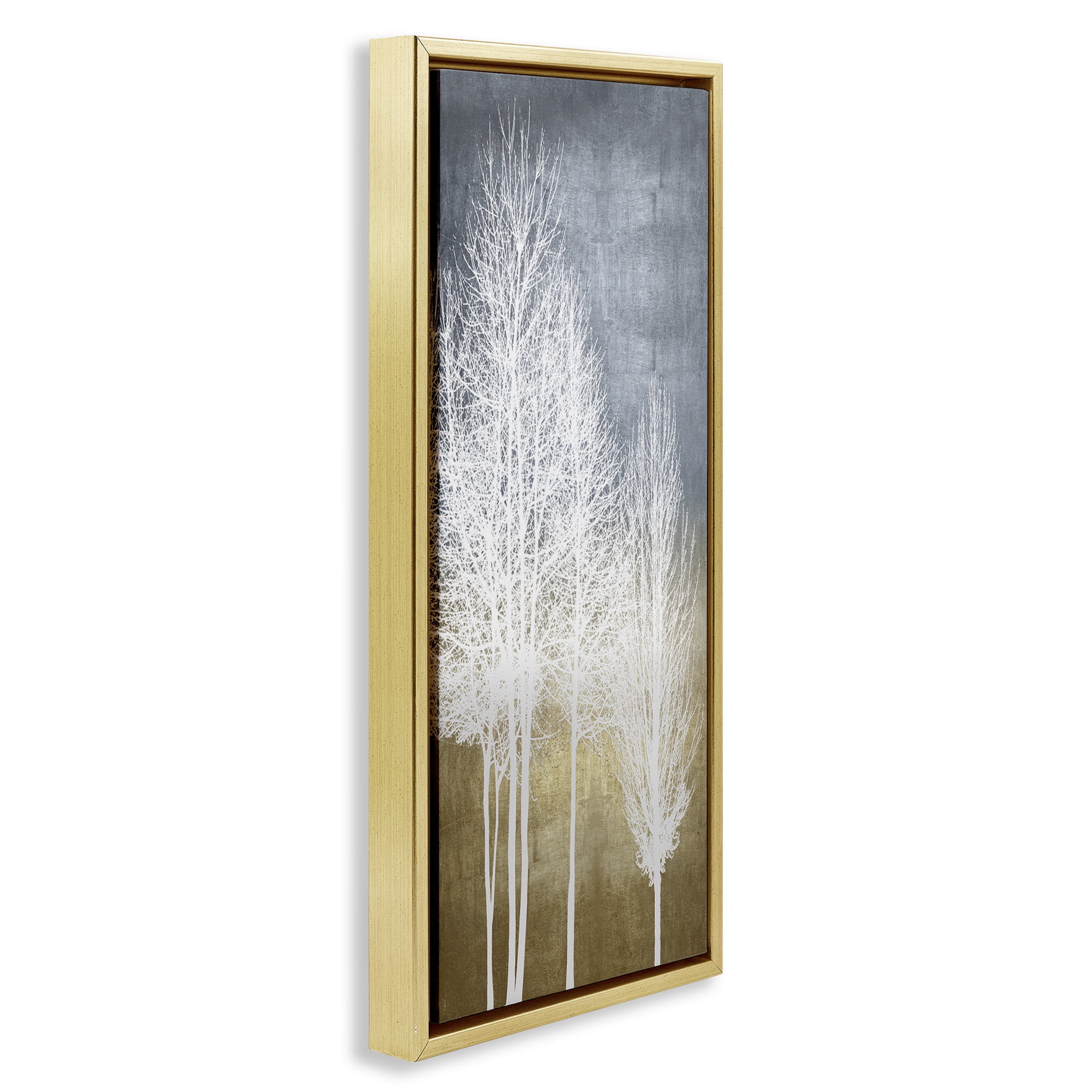 Stupell Industries Tall Bare White Trees Nature Landscape Painting Gold Floater Framed Canvas Art Print Wall Art, 15 x 31