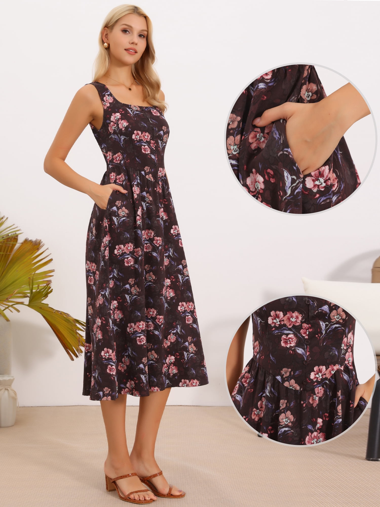 DARING DIVA Women's Floral Tank Square Neck Smocked Midi Dress XS Brown Red Floral