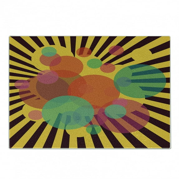 Retro Cutting Board, Abstract Circular with Stripes Background Vintage Graphic Design, Decorative Tempered Glass Cutting and Serving Board, Small Size, Multicolor, by Ambesonne