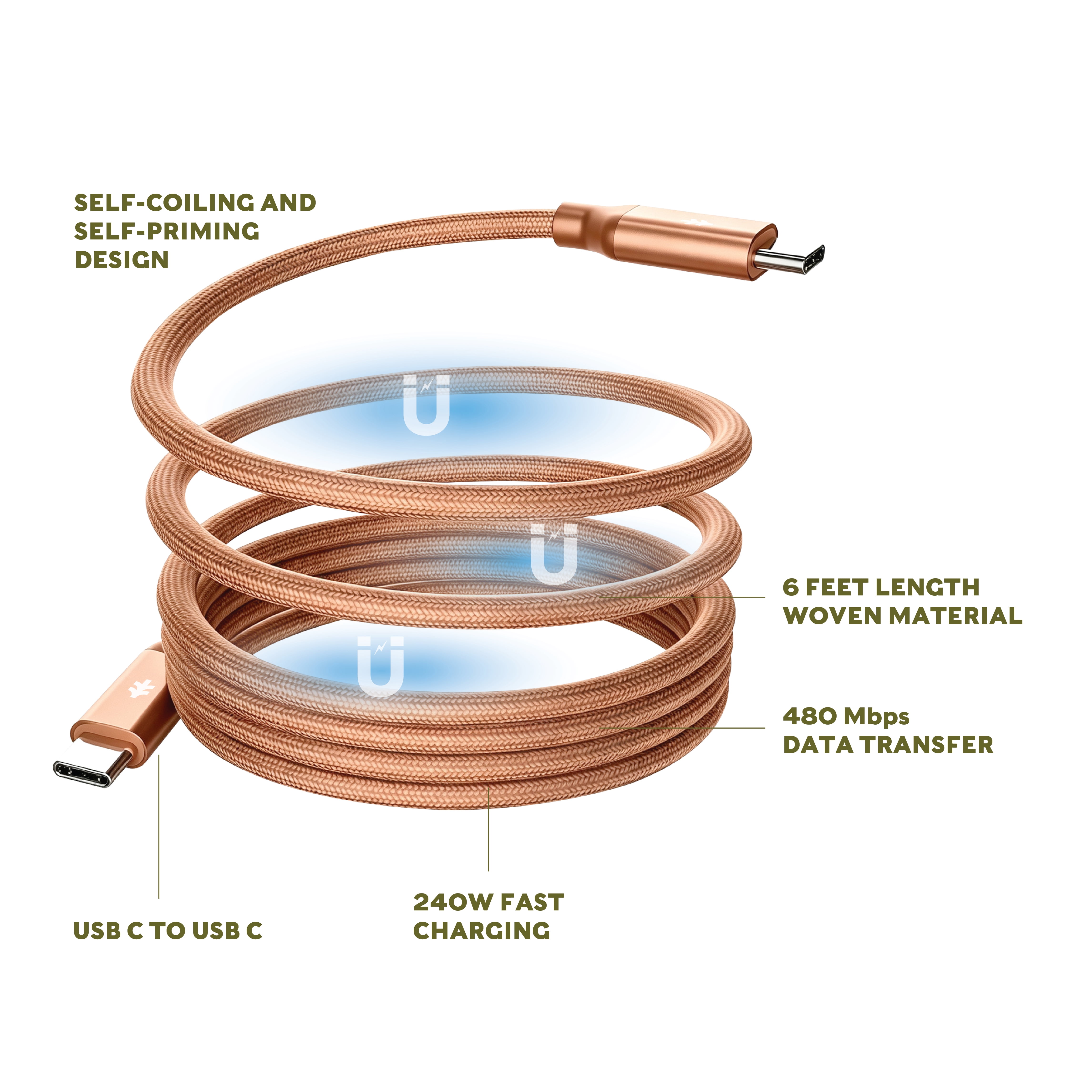 Swiss Tech Kabel M240 6 ft 240W Magnetic Self-Coiling USB-C Charging Cable, Terra Orange