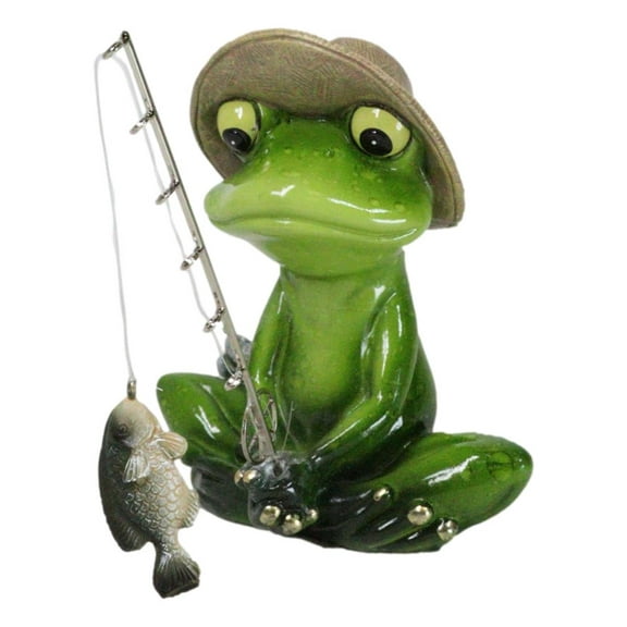 Catch of The Day Green Frog Rod Fishing And Wearing Fisherman Hat Figurine
