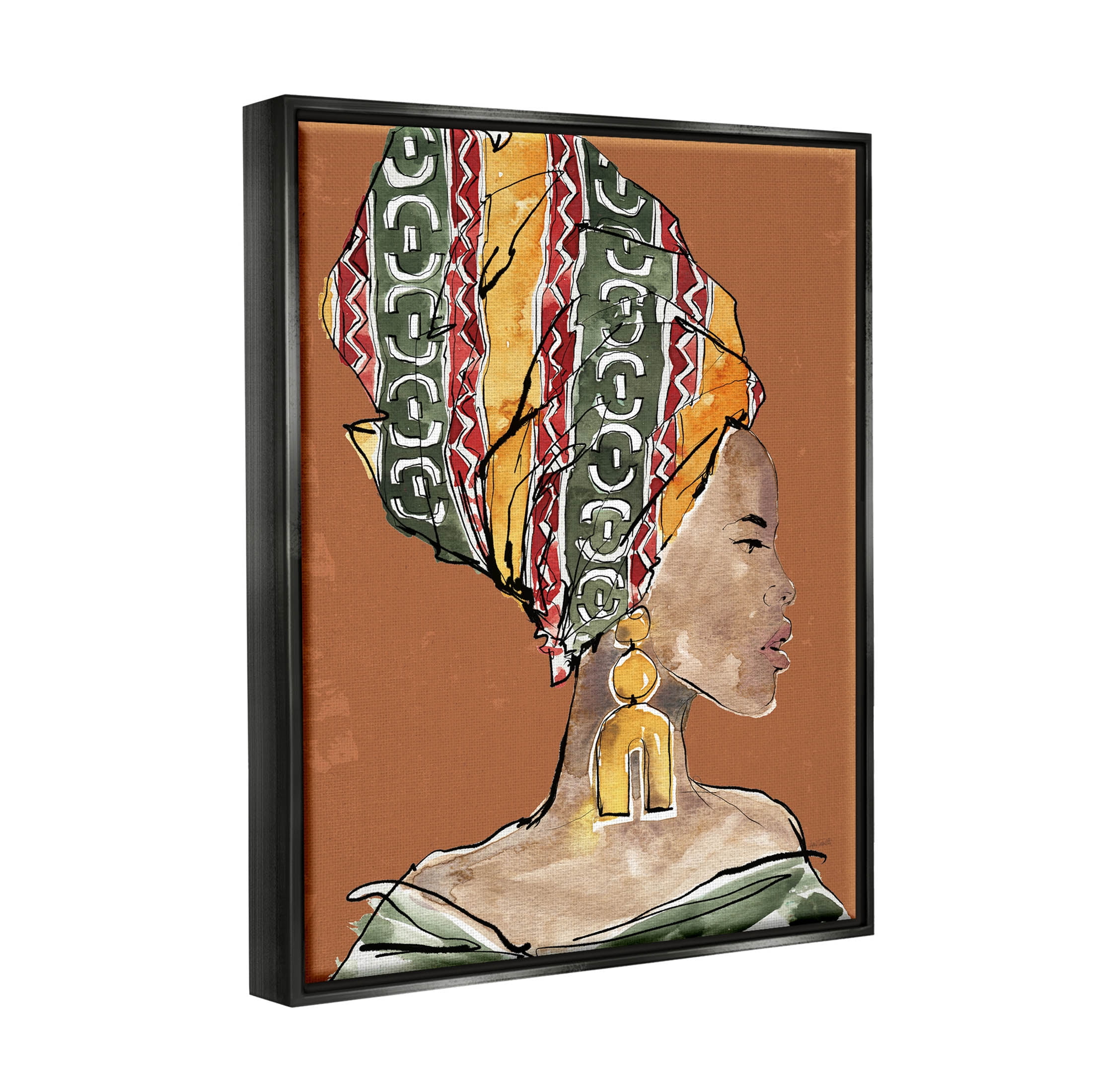 Stupell Industries African Flair Earthy Portrait Graphic Art Jet Black Floating Framed Canvas Print Wall Art, Design by Anne Tavoletti