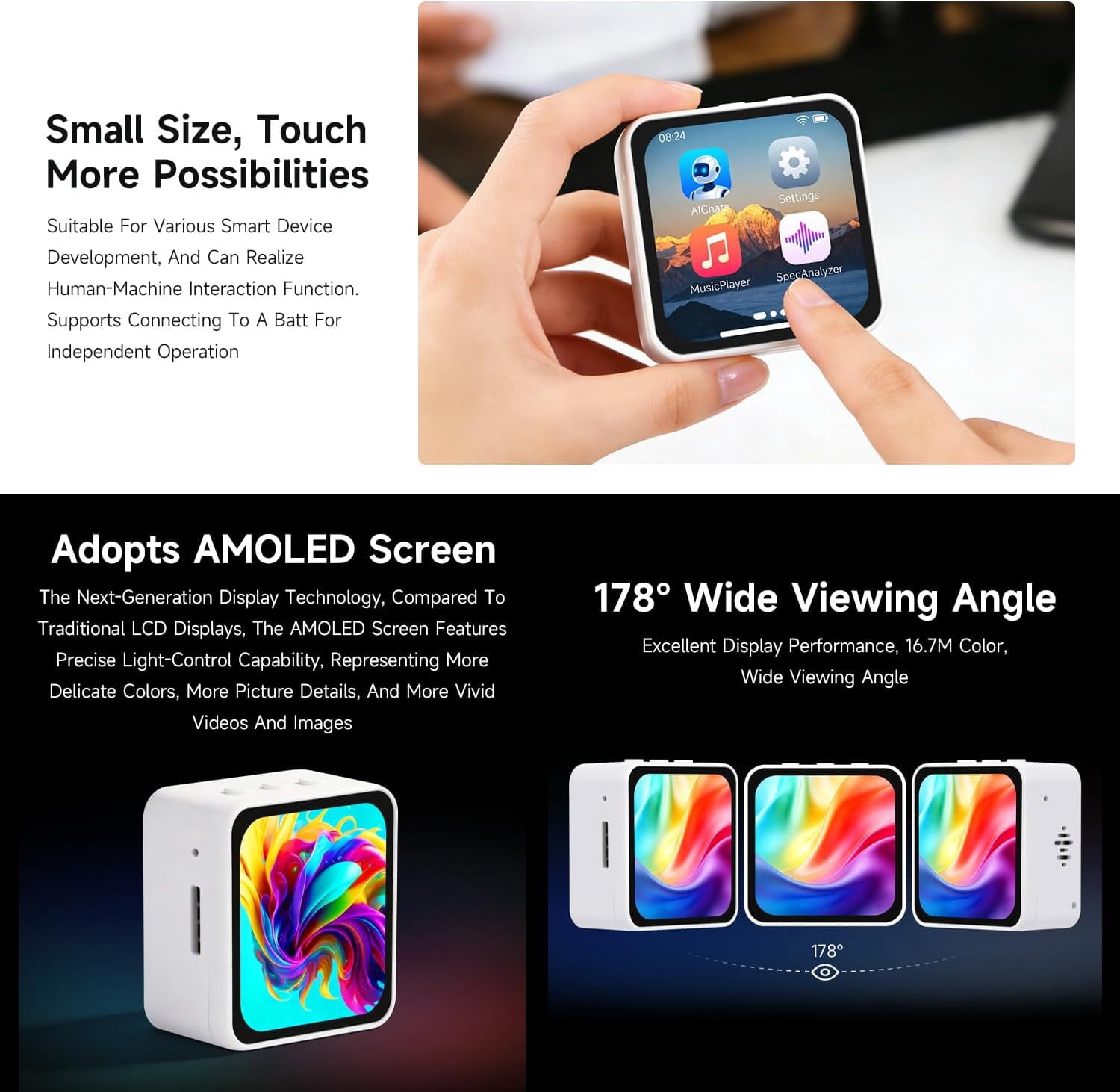ESP32-S3 2.16inch AMOLED Display Development Board, 480 × 480 Resolution, 16.7M Color, Supports Dual Microphones, 2.4GHz Wi-Fi and BLE 5, No BAT