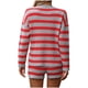 thumbnail image 3 of Conjunto de Ropa de Salón de las Mujeres de Punto a Rayas de Manga Larga Cuello Redondo Top + Pantalones, Tela Elástica Suave para el Hogar Y el Uso Diario, 3 of 7