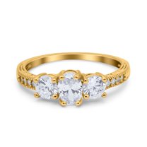 Yellow Tone, Simulated Cubic Zirconia Size-5 Three Stone Art Deco Oval Cut Engagement Ring 925 Sterling Silver