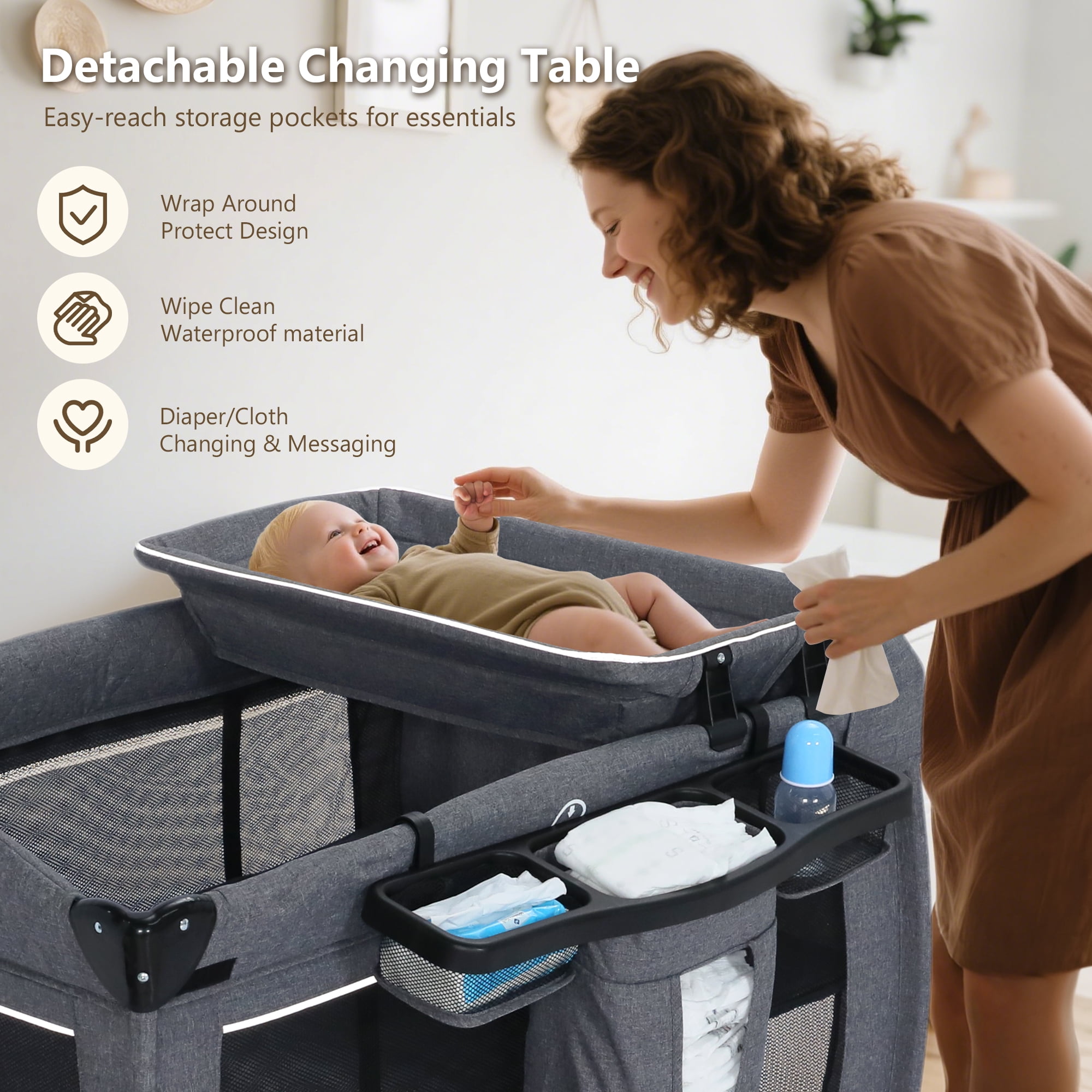 LINLUX Pack and Play w/ Bassinet & Changing Table, Baby Playard for Toddler, Newborn Crib Baby Bed,Gray