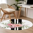 thumbnail image 4 of Small Round Rug 3Ft Washable Non-Slip, Pink Flowers Circle Area Rugs for Living Room Bedroom, Romantic Floral Leaves Black Striped Indoor Floor Mats Carpet Runner for Home Decor, 4 of 8