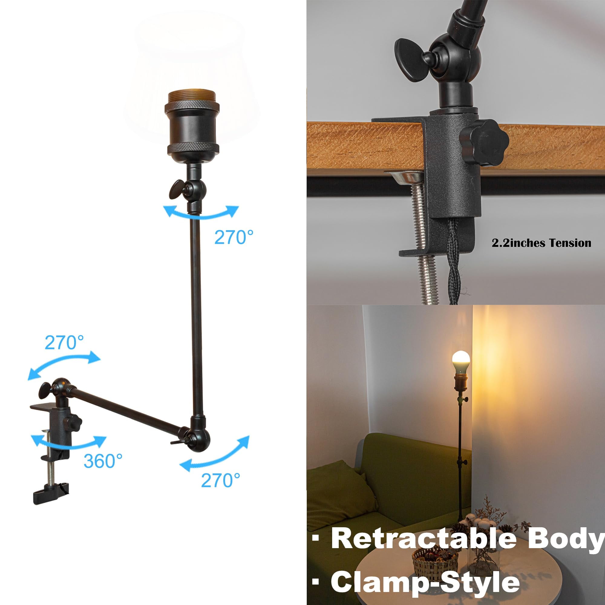Kiven Dimmable Clip-on Desk Lamp, 1-Light Iron Nightstand Lamp with Flexible Arm, Remote Control, Decorative Clamp Lamp for Office Home Bookshelf Bedside E26 Sokcet,Black-DZ0282