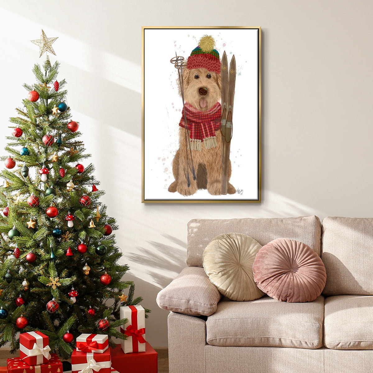 Goldendoodle Ski Dog - Framed Gallery Wrapped Holiday Canvas - 17 x 25 - Gold Frame