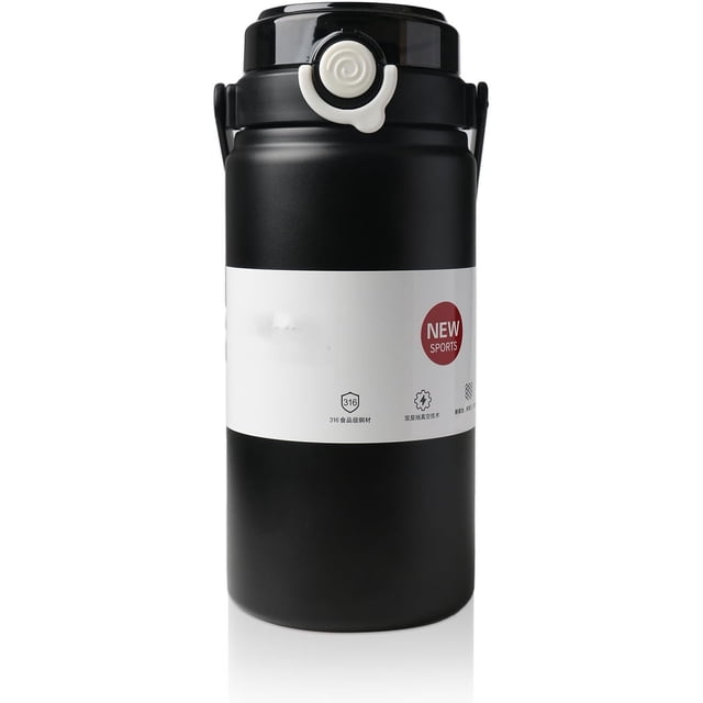 Botella 1000ml Termo De Acero Inoxidable,Agua Fría (24 horas) o Caliente (12 horas),Botella De Agua Aislada Con Pajita De Silicona A Prueba De Fugas,Para Gimnasio, Deportes Y Oficina (Negro)