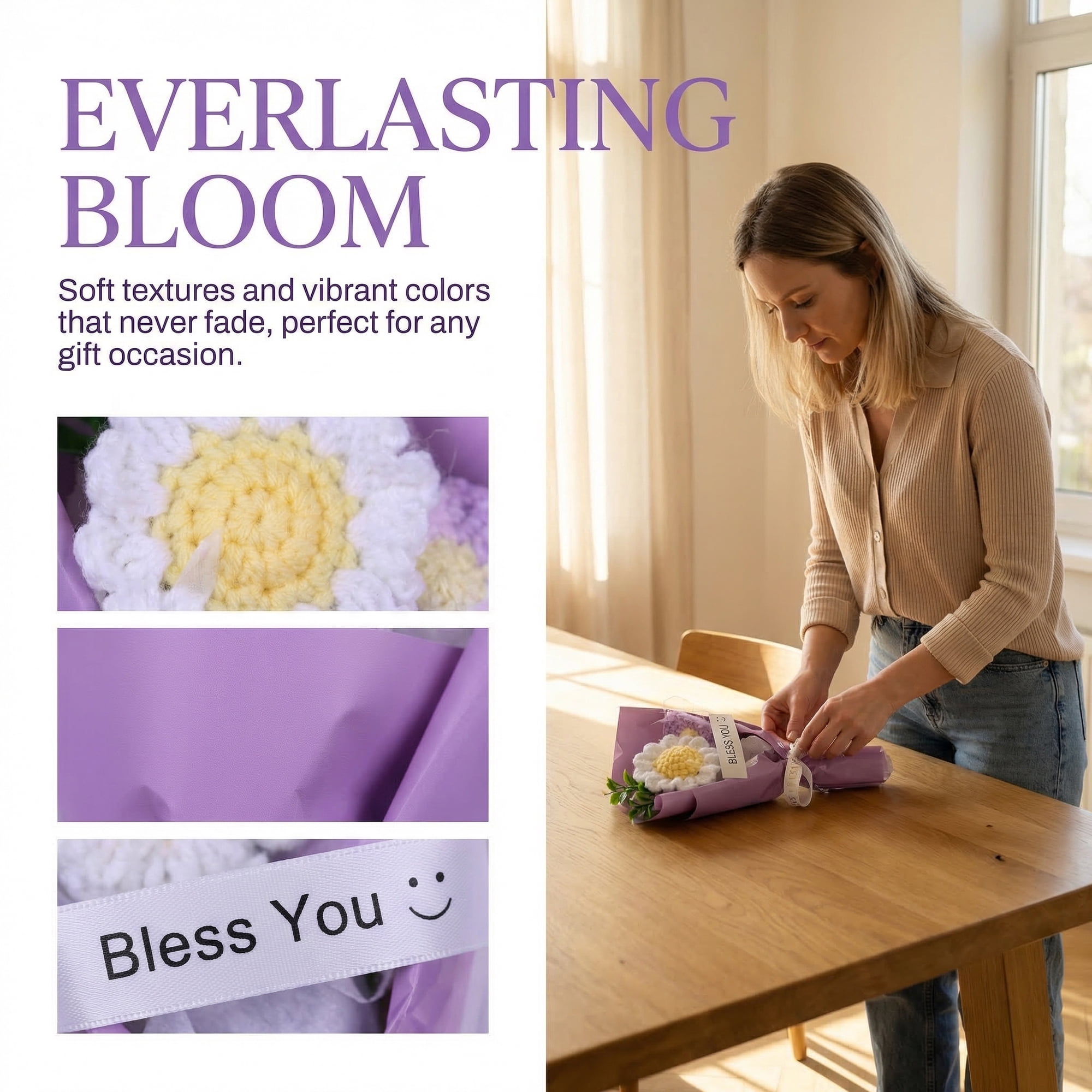 Unique Bargains 4Pcs Handmade Crochet Potted Flowers Knitted Bouquet Purple 5.9in