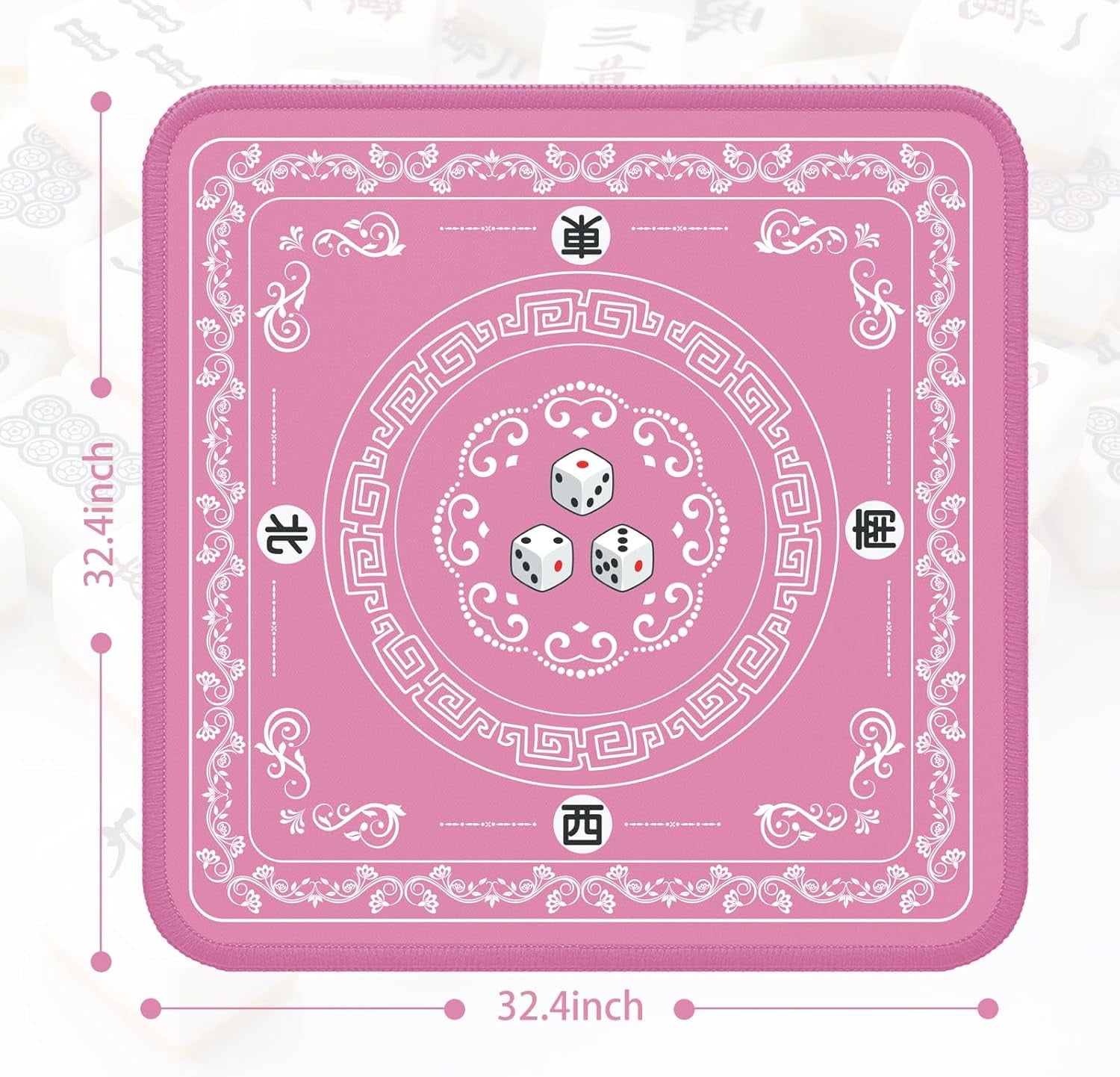Mahjong Mat - Elegant Pink with Lace Trim | Non-Slip Rubber Gaming Mat & Noise Reducer | for Mahjong Tiles, Poker, Cards, Dominoes, Board Games | 31.5x31.5 Inch