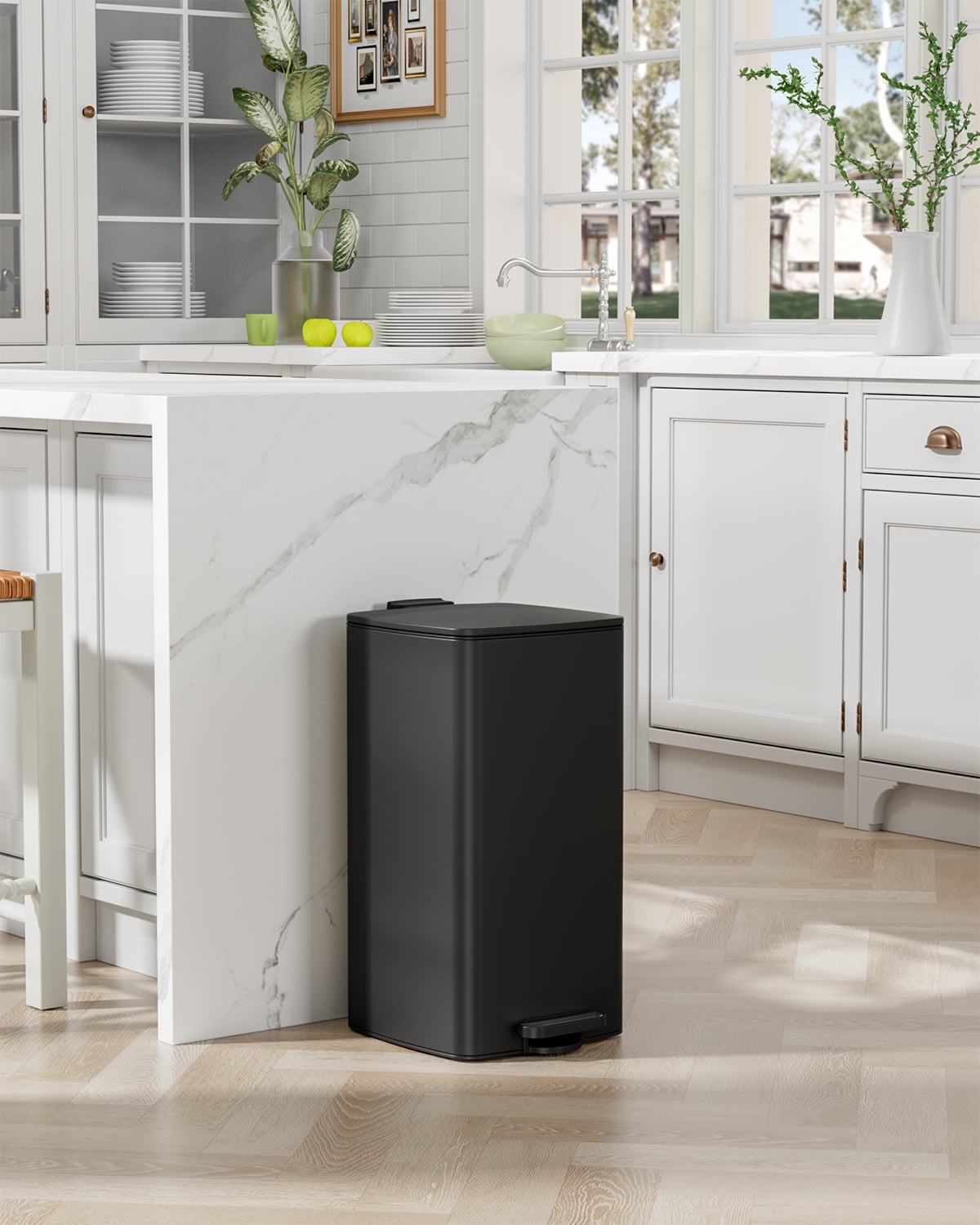 TLSUNNY 8 Gal Slim Square Trash Can, Stainless Steel Step Garbage Bin, Soft-Close Lid & Removable Inner Bucket for Kitchen, Office, Home