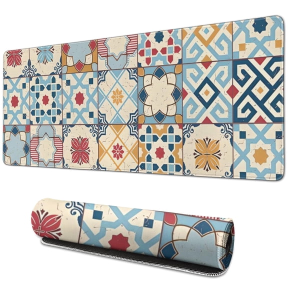 Long Mouse Pads for Desk,Multicolor Ethnic Geometric Patchwork Desk Mats on Top Of Desks, Desk Mouse Pad Extra Large with 3mm Non-Slip Base and Stitched Edge for Gaming,Work,Home 31.5"x11.8"