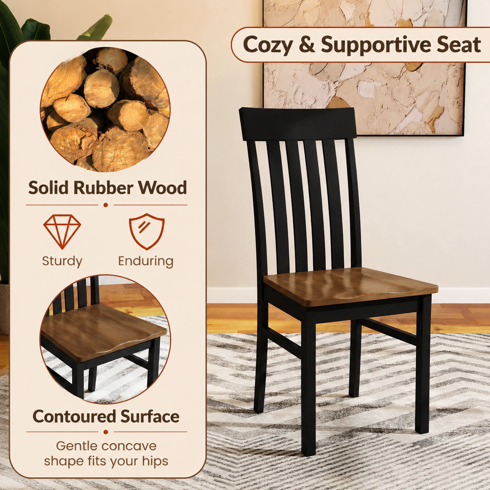 Furnibear Wooden Dining Chairs Set of 2 Armless Kitchen Chairs with Slatted High Backrests and Rubber Wood Legs for Dining Room, Black