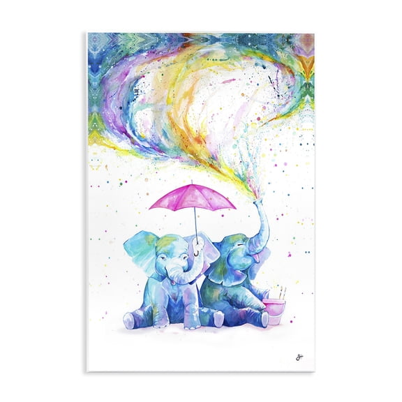 Stupell Industries Modern Rainbow Watercolor Spraying Elephants with Pink Umbrella Wall Plaque Art, 10 x 15, by Marc Allante