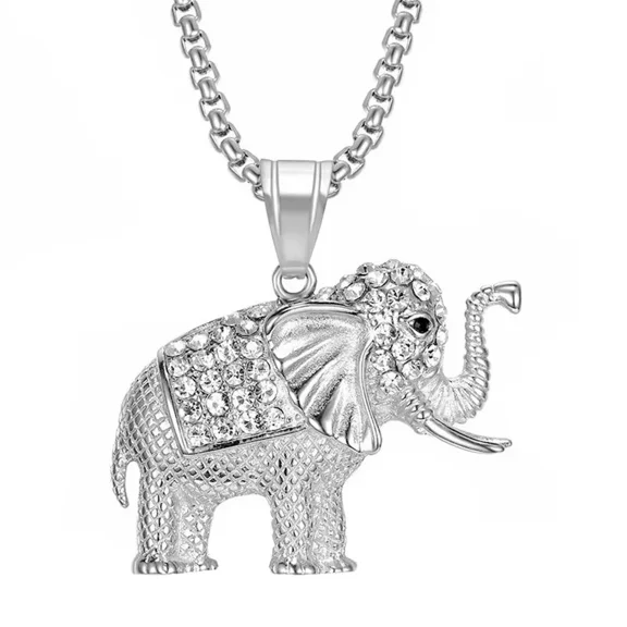 PAMTIER Men's Stainless Steel Vintage Hip Hop Crystal Micro-Pave Iced Out CZ Inlay Cute Elephant Pendant Necklace Silver with Chain