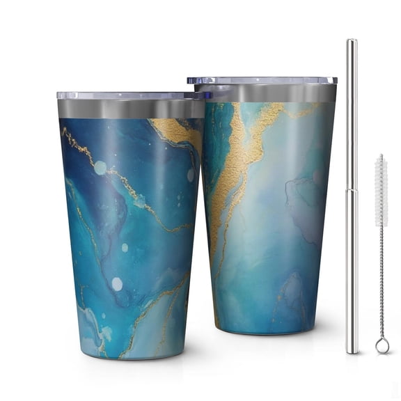 16oz Tumblers Blue Gold Wave Marble Pattern Stainless Steel Vacuum Insulated Double Wall Travel Tumbler Cups Mug with Lid and Straw,Cleaning Brush for Coffee,Tea
