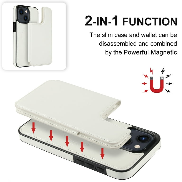 Double Magnetic Clasp Case for iPhone 14 Plus, Lychee Grain Design Leather  Detachable 2-In-1 Wallet Case, Support Wireless Charging Kickstand Card  Credit Holder RFID Blocking Cover,White - Walmart.com