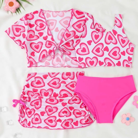 REDARER Girls Swimwear 4 Piece Set Cute Comfortable Bikini with Cover Up Skirt High Elasticity Summer Beach Outfit,Girls Swimsuit,3-4 Years