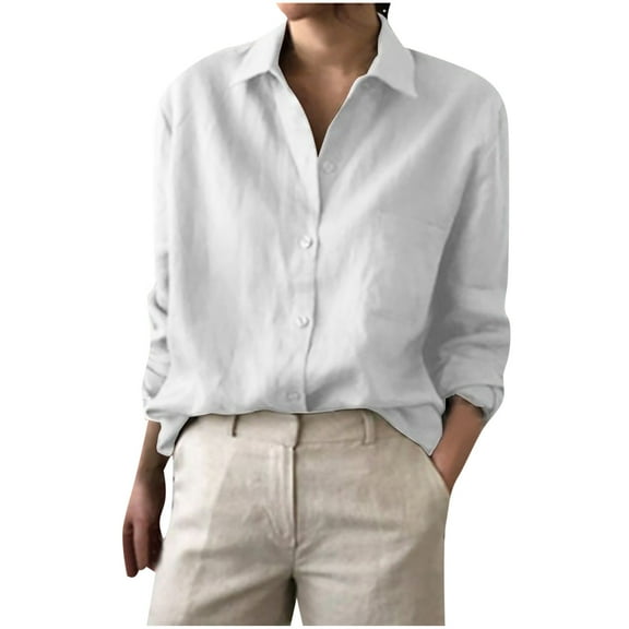 Collared Shirts for Women Button Down Long Sleeve V Neck Solid Linen Loose Office Blouses Casual Work T Shirts Tops