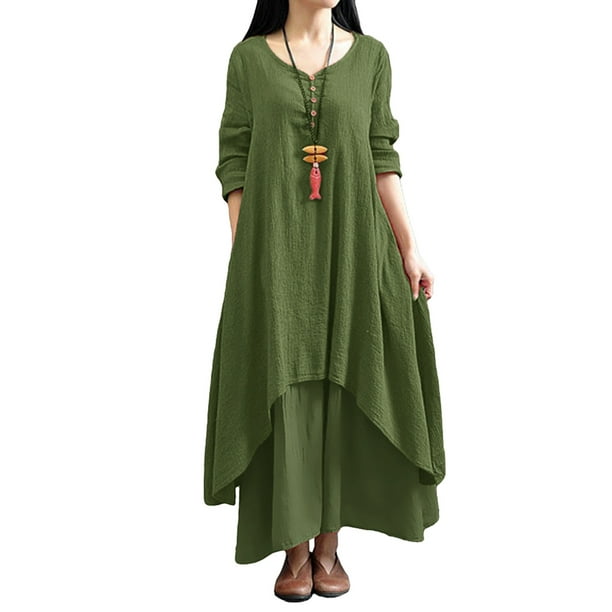 Vestido largo flojo ocasional de las nuevas mujeres de la manera Vestido largo sólido de Boho MABOTO Verde oscuro/M