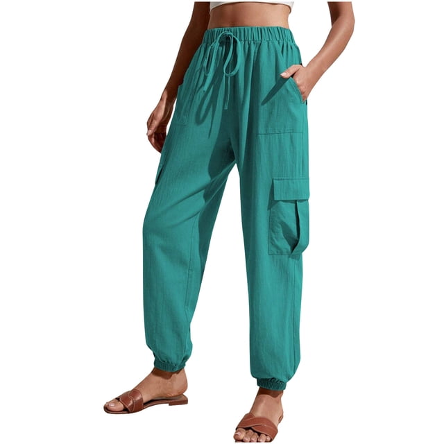 AherBiu Womens High Waisted Pants with 4 Pockets Spring Fall Casual Loose Cinch Bottom Pants Trousers