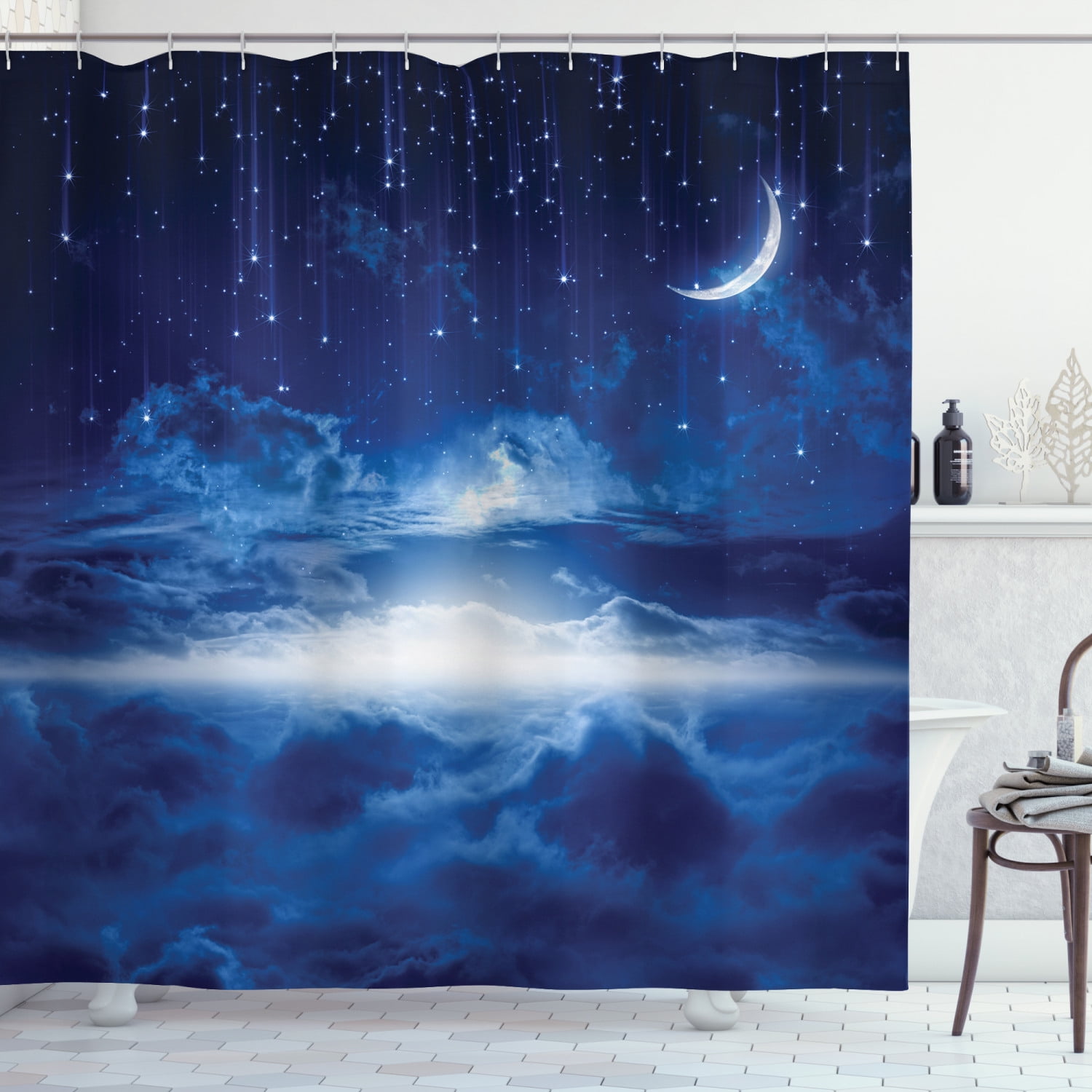 Fantasy Shower Curtain, Night Sky with Moon Falling Stars Clouds