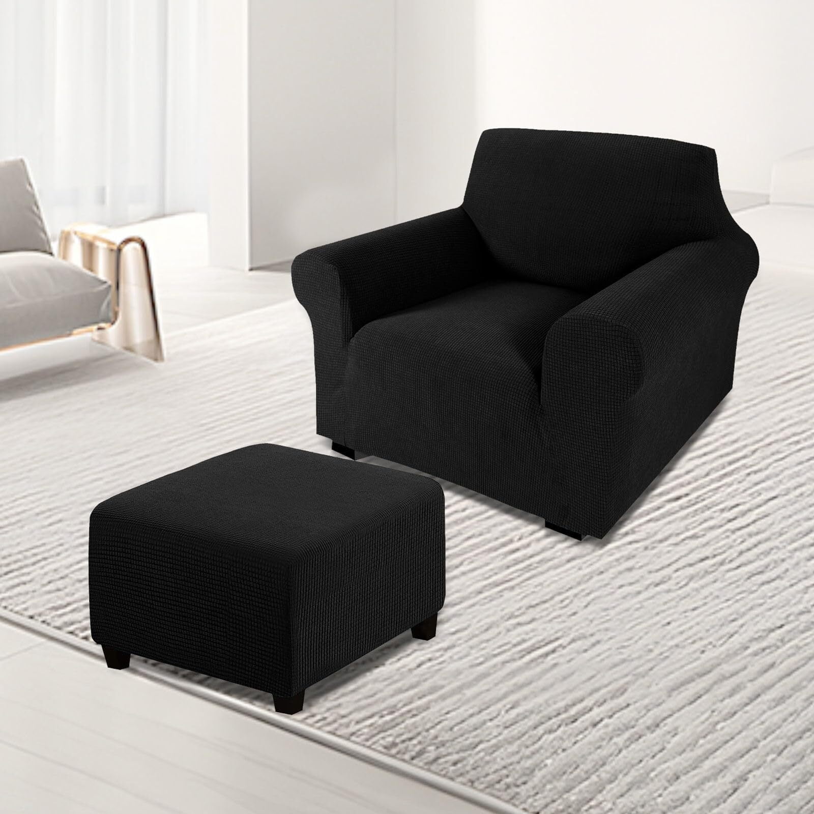 LKJYER Chair Slipcover with Ottoman Cover, Stretch Sofa Cover with Ottoman Slipcovers Removable Washable Armchair Covers Non Slip Furniture Protector