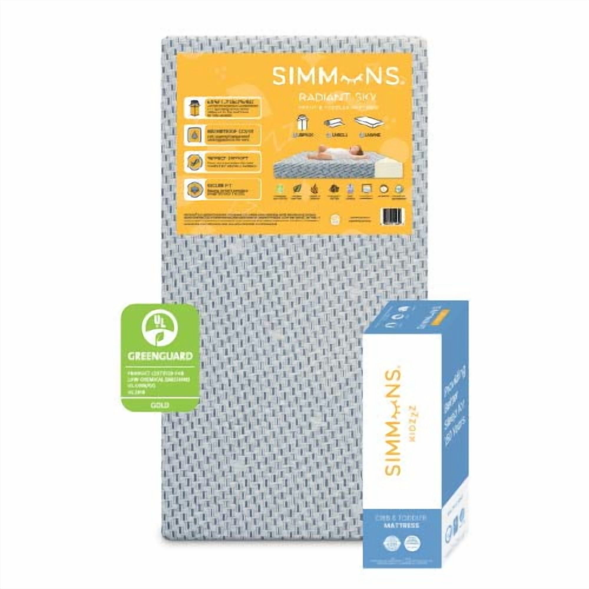 Simmons Kids Radiant Sky Dual Sided Baby Crib Mattress and Toddler Mattress, Waterproof, GREENGUARD Gold and CertiPUR-US Certified, Firm Plant-Based Foam, 5 Year Warranty, A