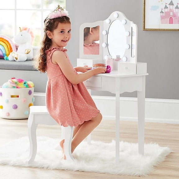 Teamson Kids Vanity Table with light and Stool Set, White