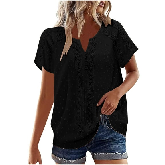 Inleife Ladies Casual Tops Solid Short Sleeve Round Neck Pullover Lace Blouse