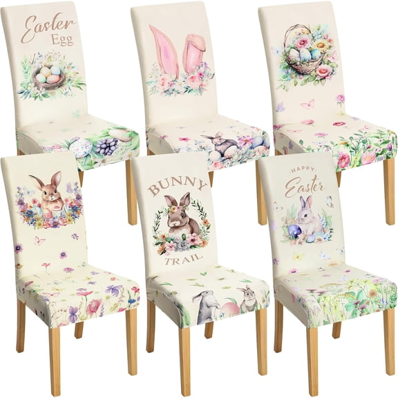 Qeenking 6 Pcs Easter Chair Covers Print Bunny Egg Flower Removable Seat Covers for Home Easter Spring Restaurant Decor or Hotel Restaurant Party Banquet
