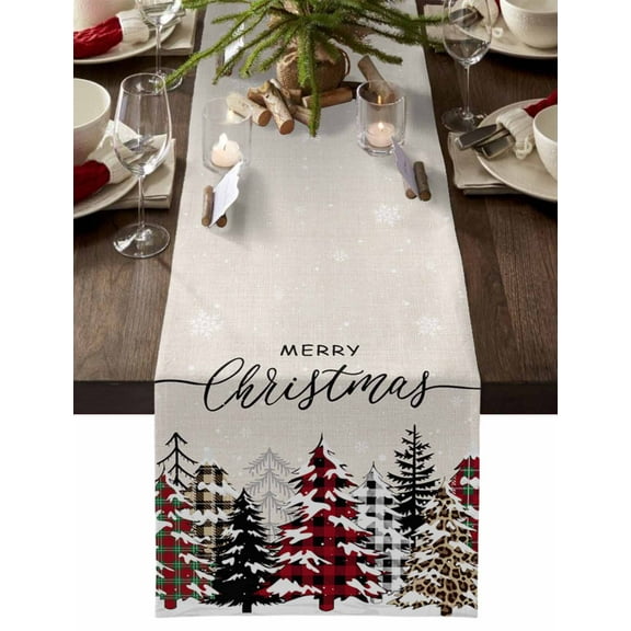 Table Runner Dresser Scarves 70 Inch Long, Merry Christmas Tree Sketch on Linen Linen Dining Table Runners Checker Leopard Stripe Tabletop Scarf for Wedding Holiday Party Kitchen