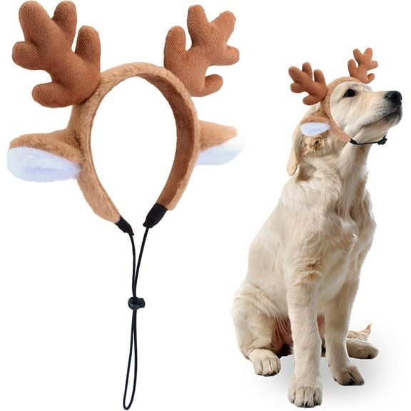 Dog Reindeer Antlers Headband, Brown Dog Christmas Antlers Costume for Medium Large Dogs Fluffy Elastic Pet Costume, Adjustable Deer Antlers for Dogs & Cats Halloween Party Birthday