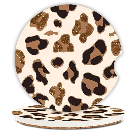 

Absorbent Car Coasters 2 Pack for Women Fashion Luxury Design Car Coaster for Drinks Ceramic Stone Car Cup Holder with A Finger Notch Rose Gold Leopard