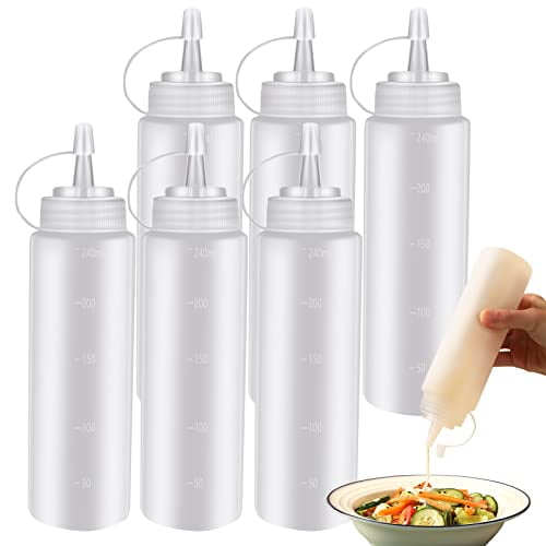 6 Pcs 8 Oz Condiment Squeeze Bottles,Plastic Squeeze Squirt Bottles with Twist on Caps and Measurement,Container Dispenser for Ketchup Mustard BBQ Sauces Salad Dressings Olive Oil