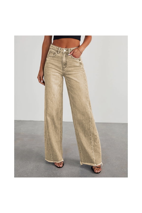 Women's Wide Leg Jeans Casual Baggy Denim Pants with Frayed Raw Hem